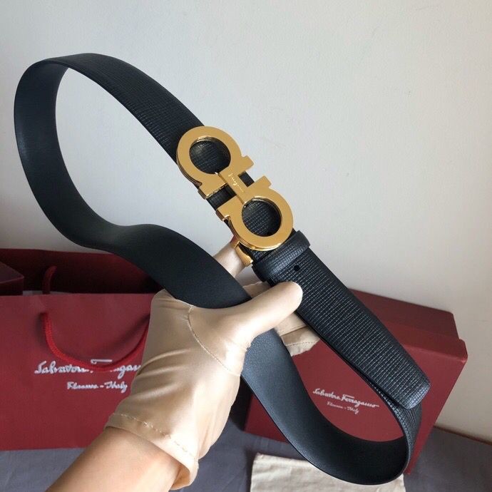 Ferragamo Men s 3.5cm exquisite multi-layer metal buckle leather toothpick pattern belt