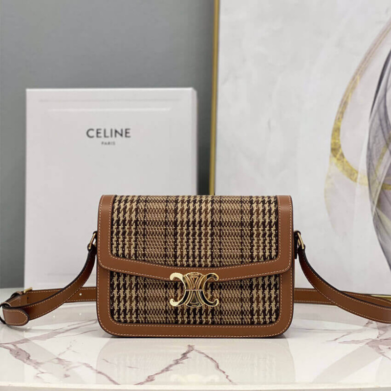 Celine Medium Triomphe Bag in Triomphe Textile and Calfskin 191242 Brown/Tan