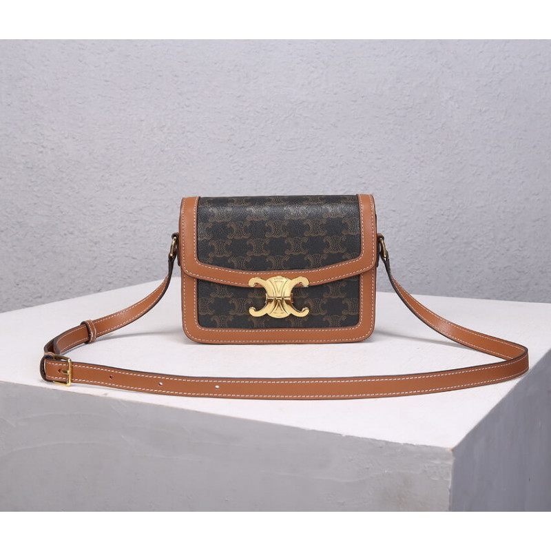 Celine Teen Triomphe Bag in Triomphe Canvas and Calfskin 188882 Tan