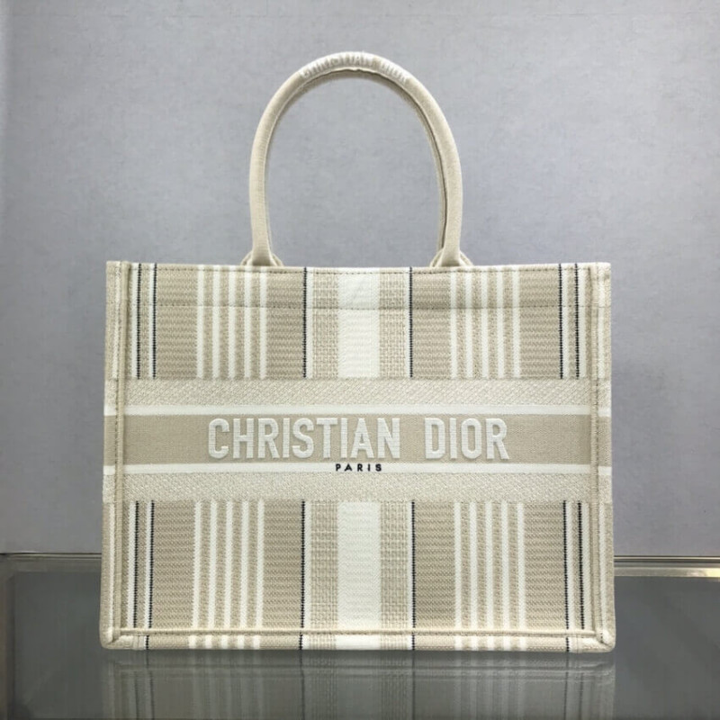 Dior Small Book Tote Beige Stripes Embroidery M1296