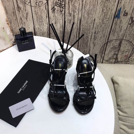 Saint Laurent YSL-CASSANDRA Logo Letter Buckle High-heeled Straw Woven Leather Wedges