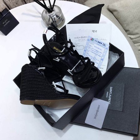 Saint Laurent YSL-CASSANDRA Logo Letter Buckle High-heeled Straw Woven Leather Wedges