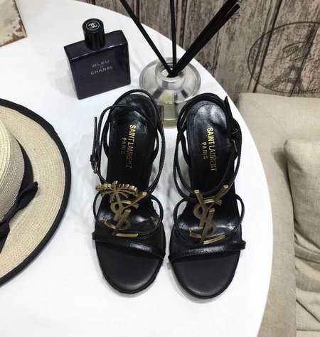 Saint Laurent YSL-CASSANDRA Logo Letter Buckle High-heeled Straw Woven Leather Wedges