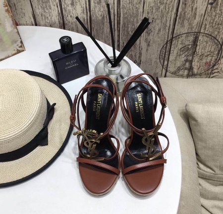 Saint Laurent YSL-CASSANDRA Logo letter buckle high-heeled wedge grass woven leather Wedges