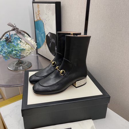Gucci Horsebit Rhinestone Heel Booties Calfskin