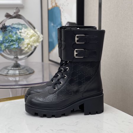 Gucci Platform Double Buckle Martin Boots Side Zipper Moto Boots Calfskin Heel Height: 5cm