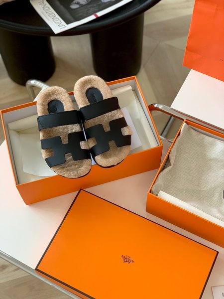 Hermes Teddy Fury lamb hair calfskin sandals slippers