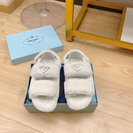 Prada Triangle buckle crossed sheepskin and fur sandals