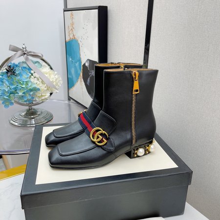 Gucci Pearl square toe GG buckle short boots blue and red webbing double zipper design