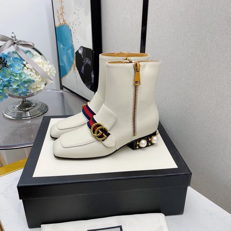 Gucci Pearl square toe GG buckle short boots blue and red webbing double zipper design