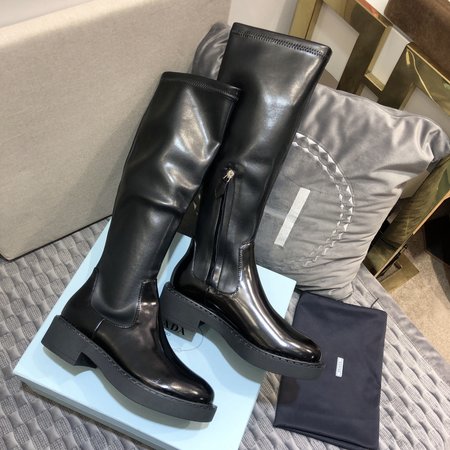 Prada Thick-soled stretch knight s boots side zipper Moto boots mid-boots