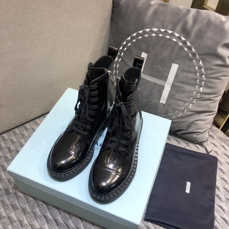 Prada Lace-up Moto Women s Short Boots Platform Round Toe Side Zipper Martin Boots