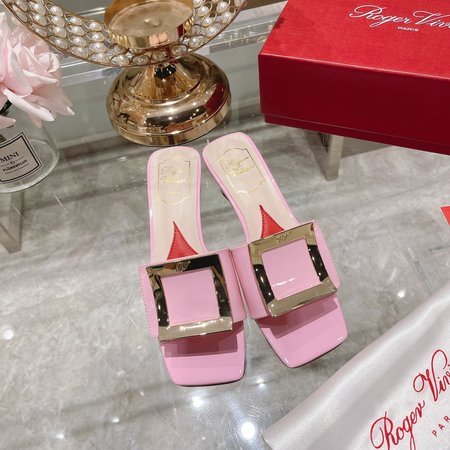 Roger Viver Classic square buckle slippers Simple design Love insole High texture lambskin cow lacquer silk
