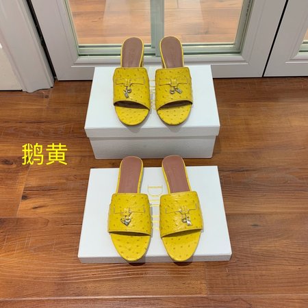 LP Ostrich slides in embossed cowhide