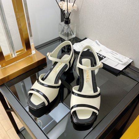 Chanel color block mid heel sandals