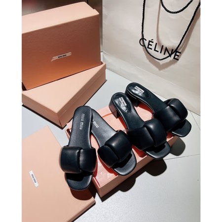 Miu Miu Sheepskin Heels Crossed Leather Slippers