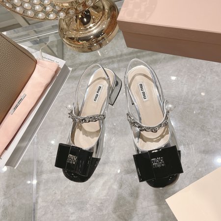 Miu Miu Square Toe Block Heel Chain Pearl Sandals