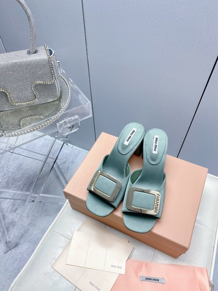 Miu Miu square buckle chunky heel square toe slippers