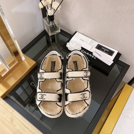 Chanel Fur Sandals with Pony Hair Velcro