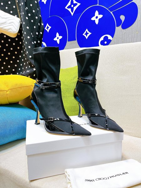 Jimmy Choo + Mugler pointed-toe stiletto cross-buckle booties