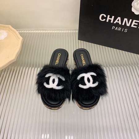 Chanel furry slippers
