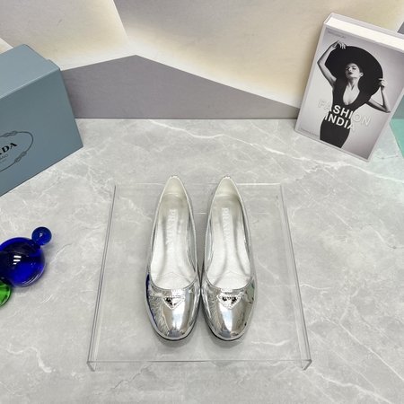 Prada Round toe triangular buckle flat women s shoes