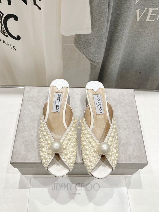 Jimmy Choo Low Heel Pearl Decor Slides Non Slip Leather Sole