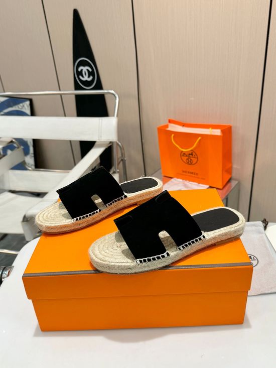 Hermes Woven Strap Genuine Leather Sole Casual Slide Slippers