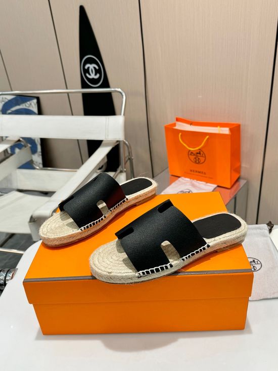 Hermes Woven Strap Genuine Leather Sole Casual Slide Slippers
