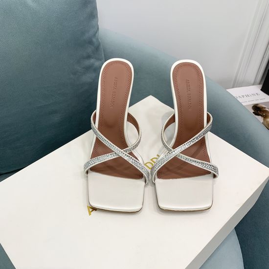 Amina Muaddi Shiny Rhinestone Satin High Heel Slides