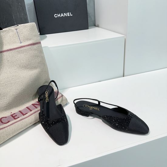 Chanel Rhinestone Two-tone Slingback Flat Block Heel Sandals