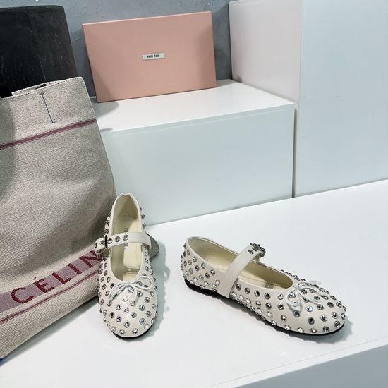 Miu Miu Rhinestone Leather Ballet Flats Non-slip Outsole