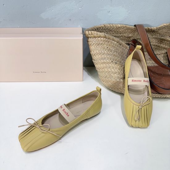 Simone Rocha Pleated Leather Square Toe Flat Shoes With Genuine Sole
