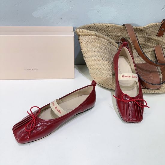 Simone Rocha Pleated Leather Square Toe Flat Shoes With Genuine Sole