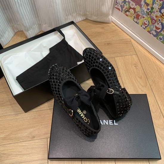 Chanel Rhinestone Bow Mary Jane Shoes Elegant Pointed Toe Silk Upper