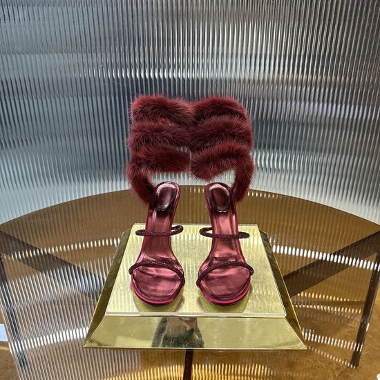 Rene Caovilla Mink Fur Rhinestone Decor Leather Sole Heels