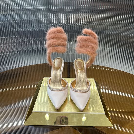 Rene Caovilla Mink Fur Wrap Leather Sole Elegant High Heels